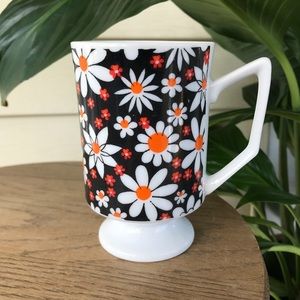 Retro 70s Groovy Floral Black Orange Pedestal Mug